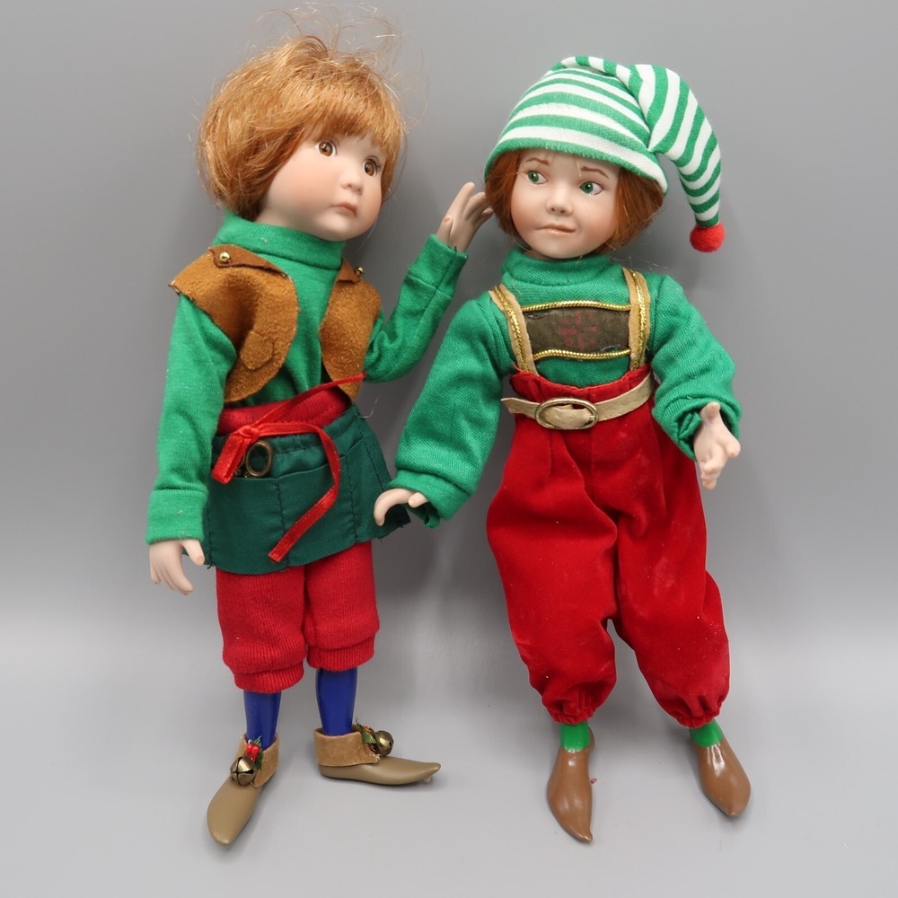 Vintage CHRISTMAS ELF elves Doll Porcelain by Patricia Rose Lot of 2